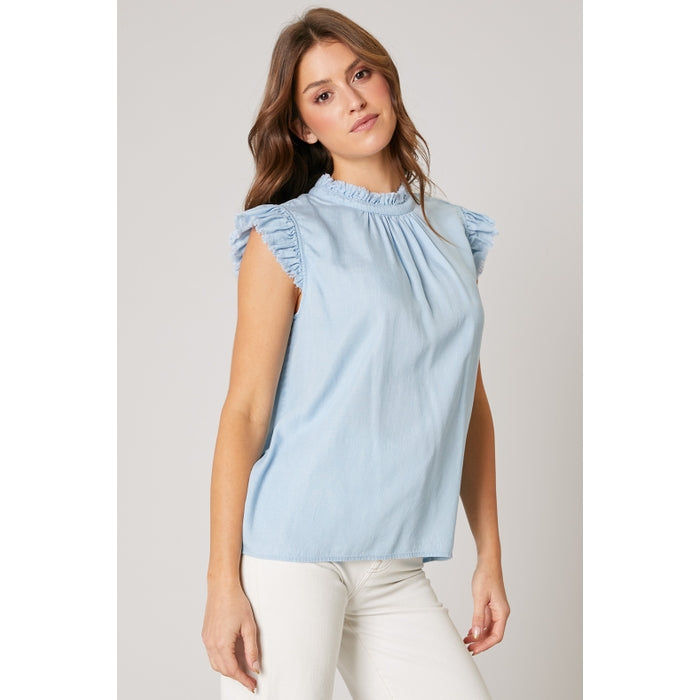 Lu's Blue Pleated Chambray Top