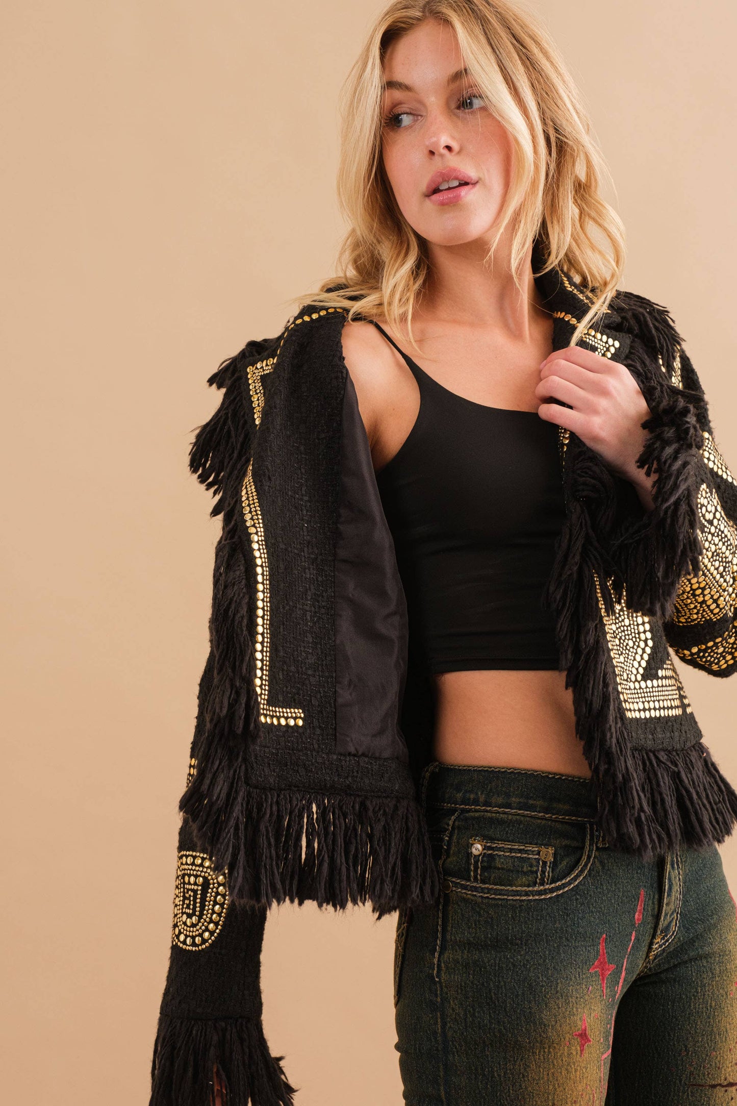 Boldly Boucle Studded Fringe Jacket