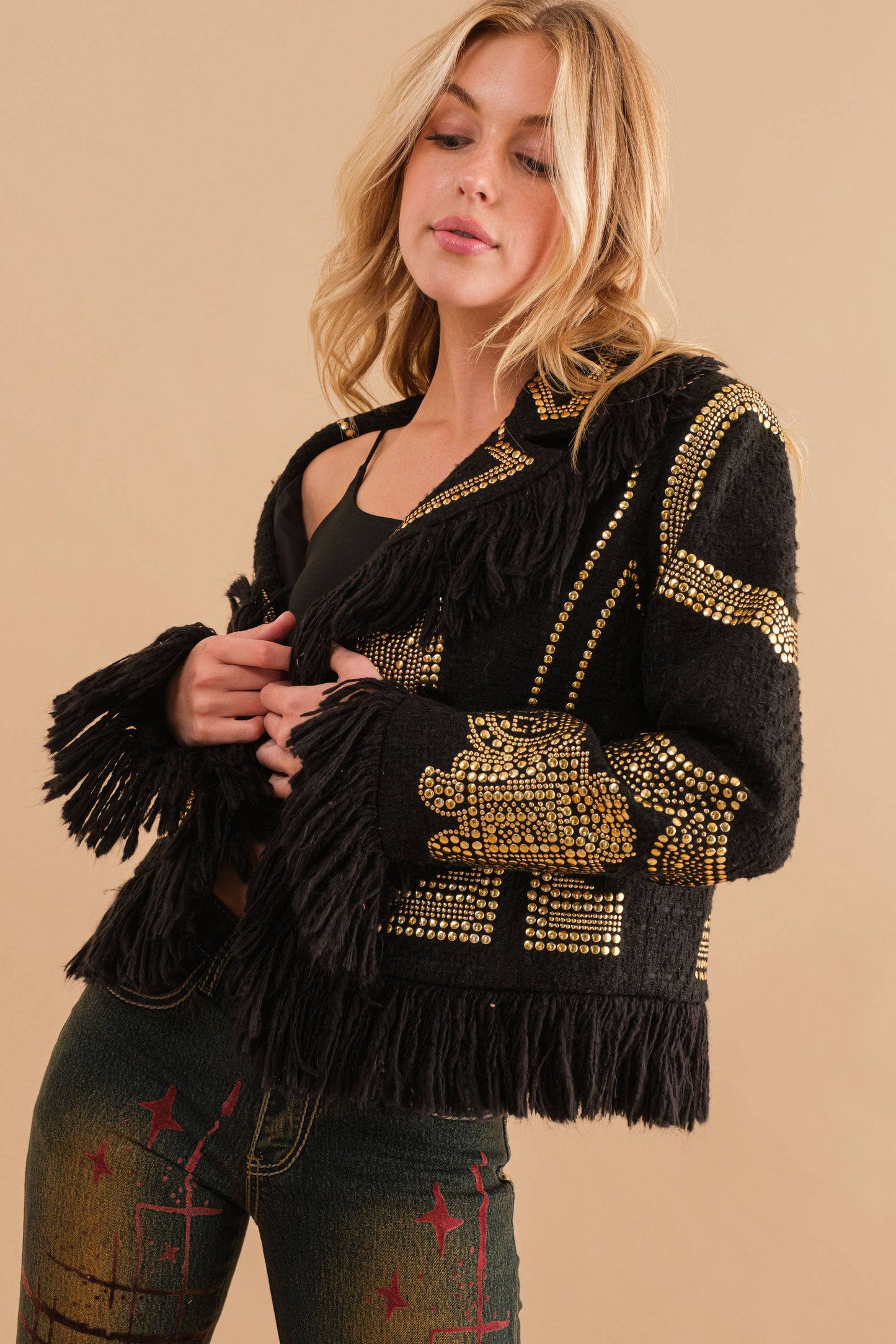 Boldly Boucle Studded Fringe Jacket