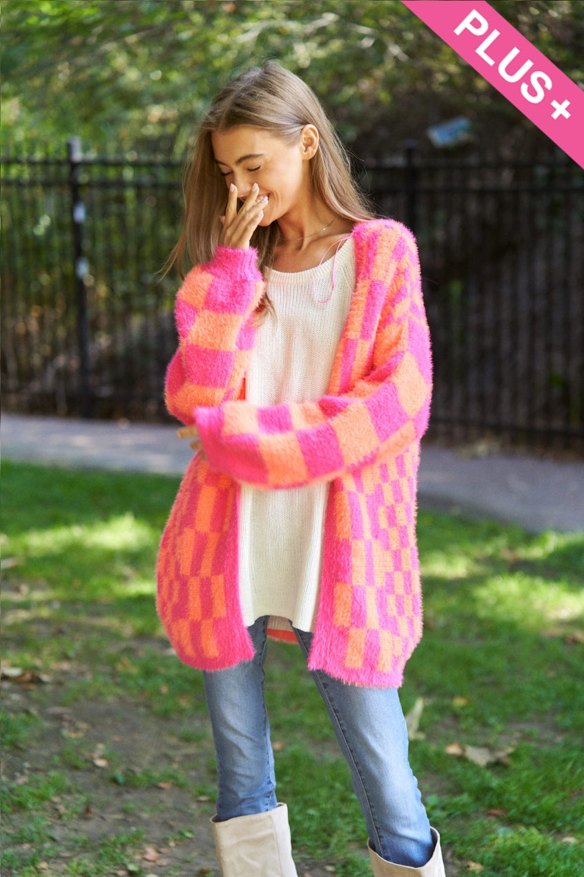 Checked Out Cardi-Fuzzy Pink