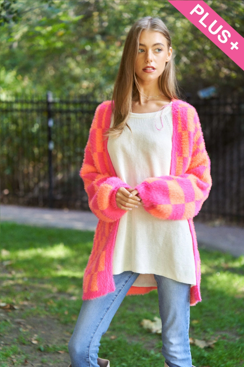 Checked Out Cardi-Fuzzy Pink