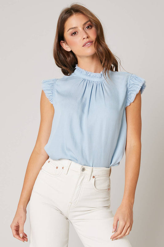 Lu's Blue Pleated Chambray Top