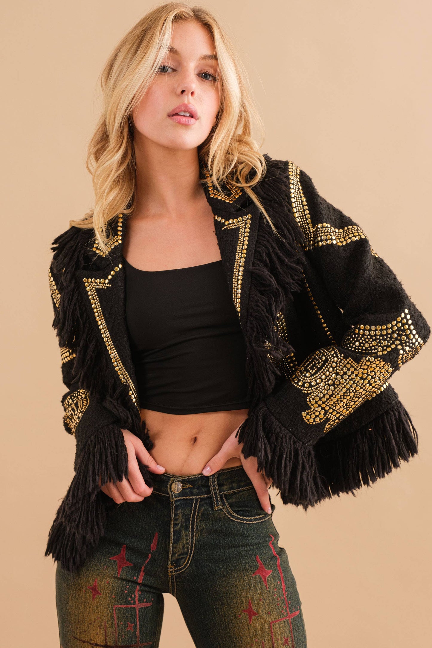 Boldly Boucle Studded Fringe Jacket