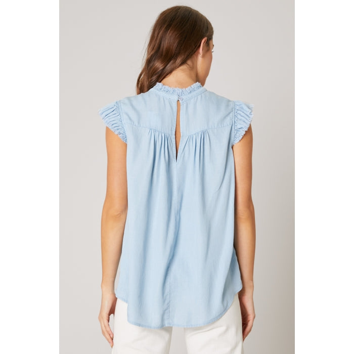 Lu's Blue Pleated Chambray Top